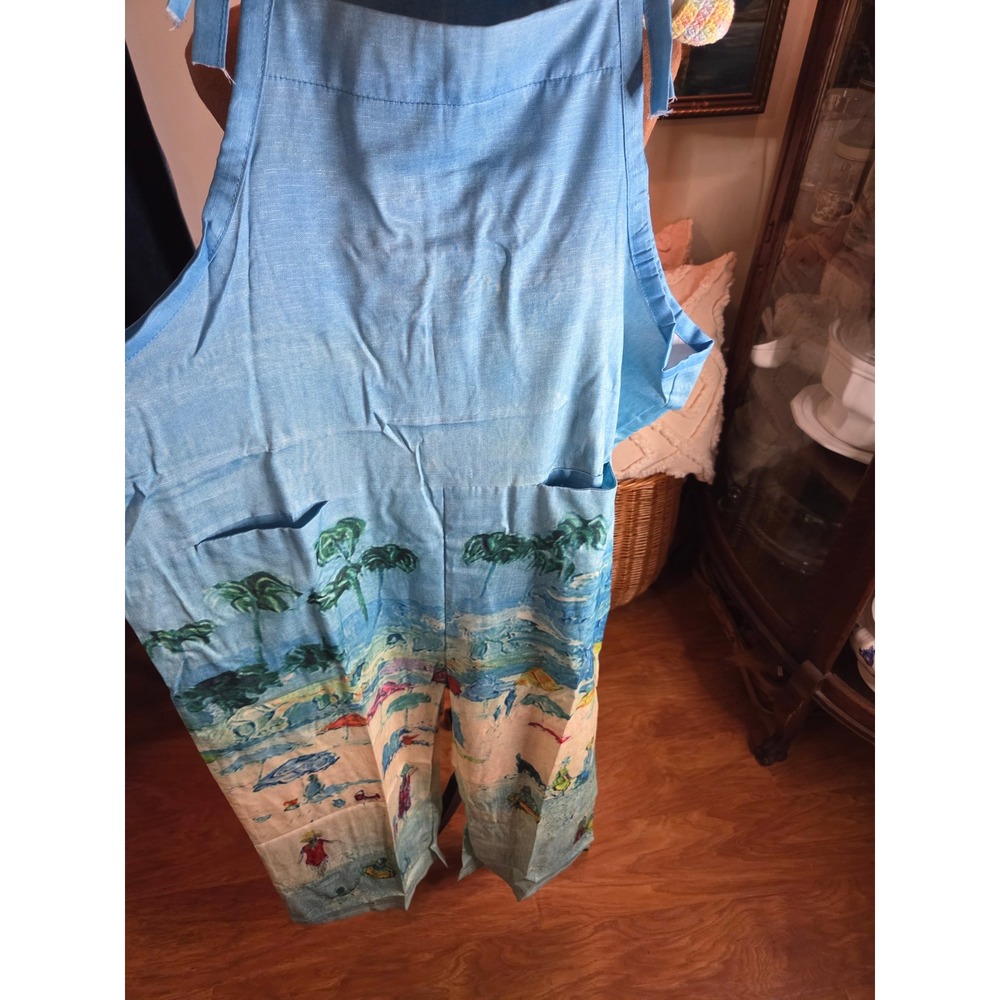 Vintage Style Beach Scene Print Overalls Blue Palm Tree Coastal‎ Jumpsuit